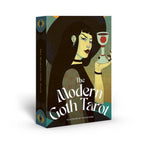 Book cover of 'The Modern Goth Tarot' with a stylized illustration of a woman holding a drink.