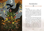 Illustrated book page with a woman, bird, and candle against a colorful autumnal background.