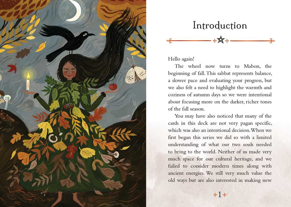 Illustrated book page with a woman, bird, and candle against a colorful autumnal background.