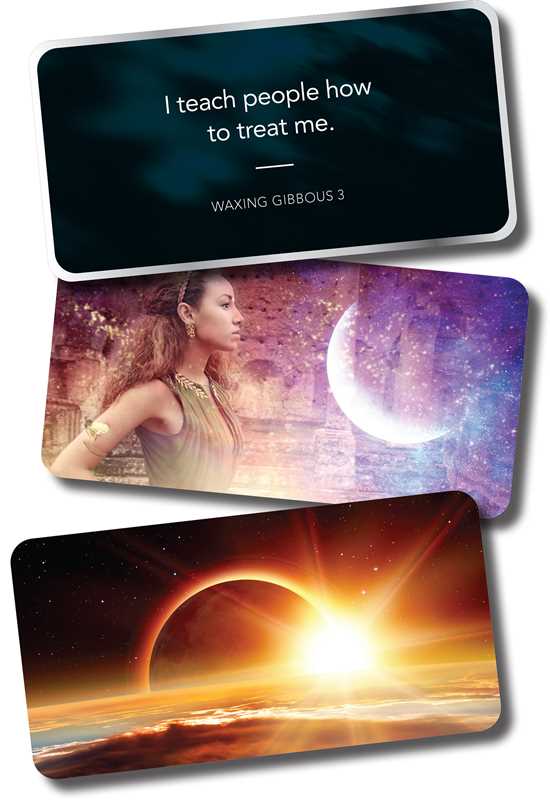 Three cards with different designs and text, including a motivational quote and a celestial scene.
