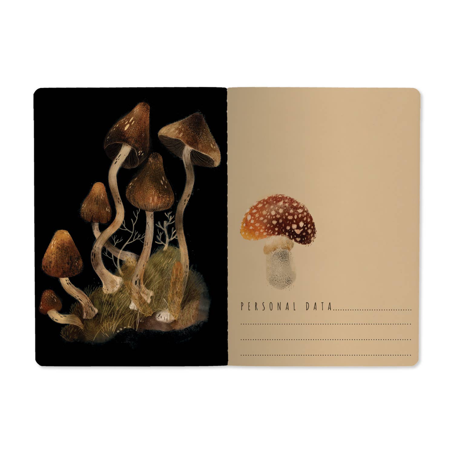 Card with mushroom design on one side and 'Personal Data' text on the other, on a white background.