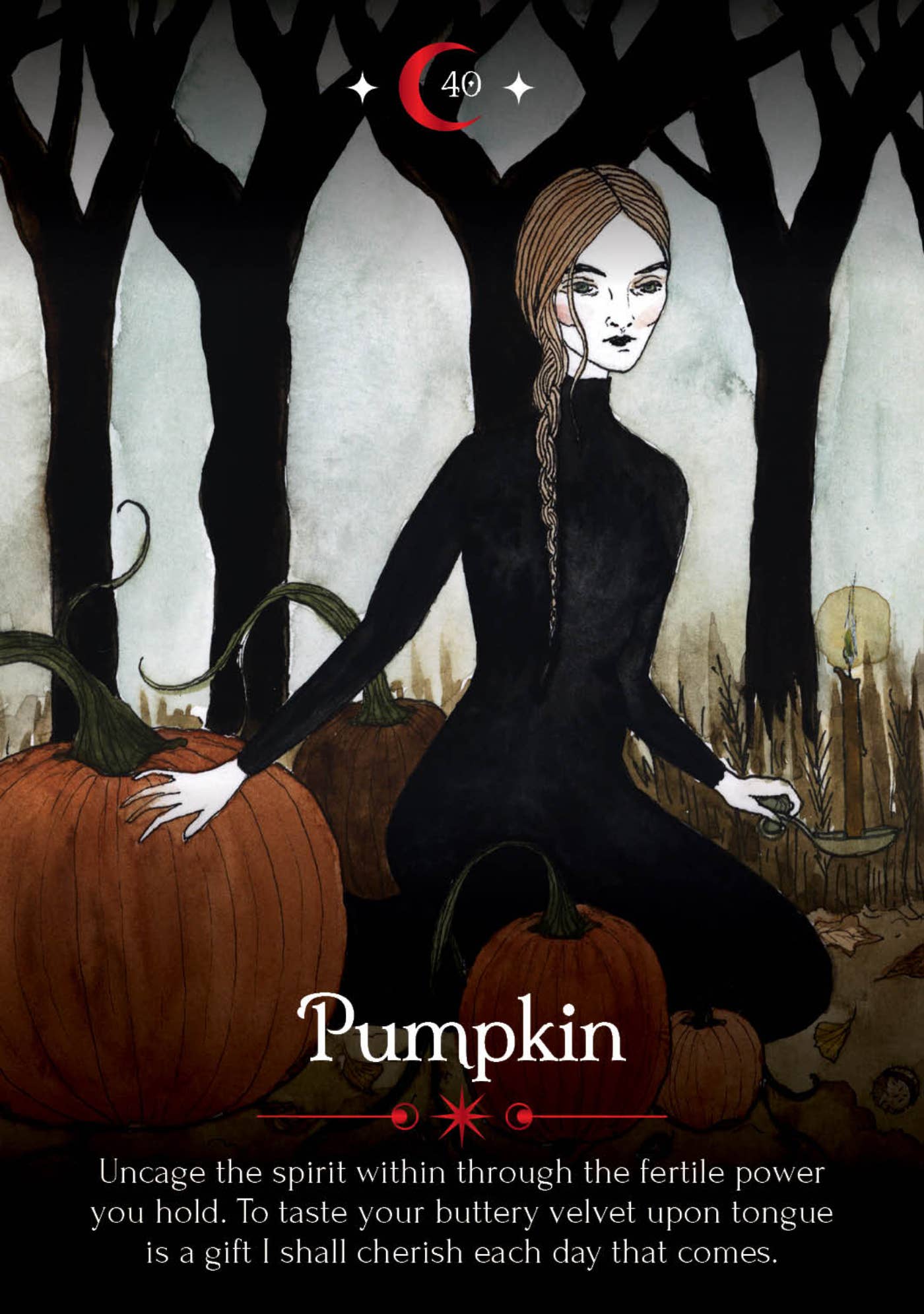 Illustration of a woman in black sitting among pumpkins with a dark forest background.