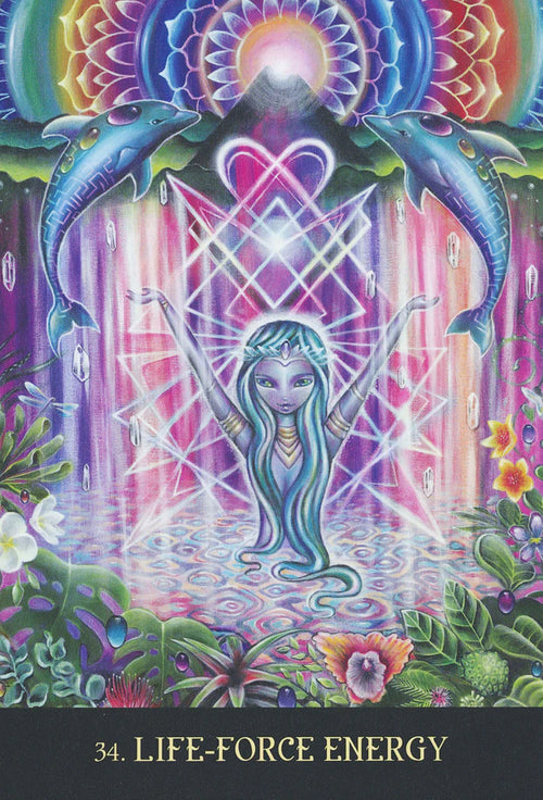 Colorful artwork of a woman with dolphins and floral elements, titled 'Life-Force Energy'.