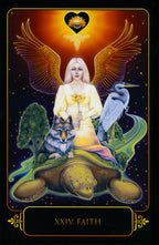 Tarot card titled 'Faith' featuring a central figure with wings, surrounded by nature symbols.