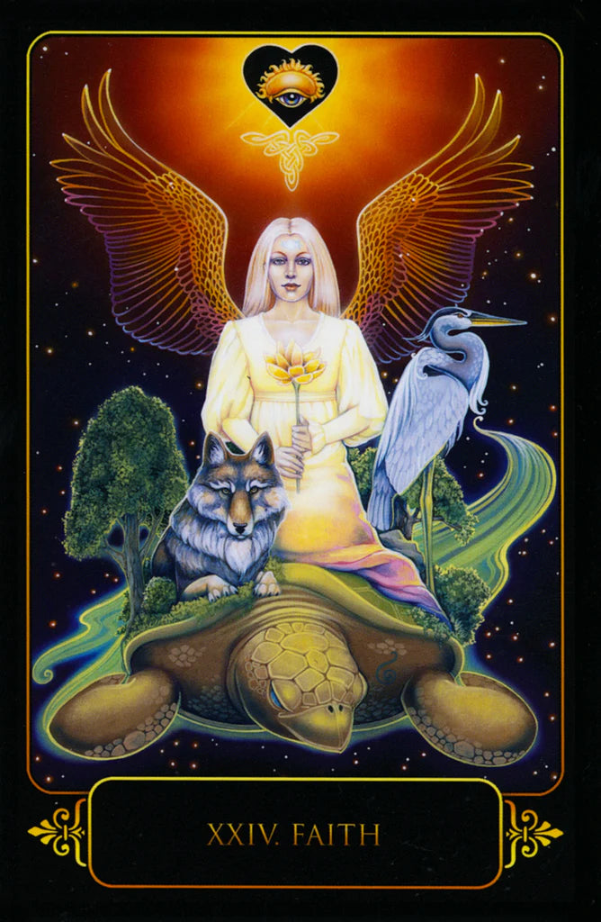 Tarot card titled 'Faith' featuring a central figure with wings, surrounded by nature symbols.