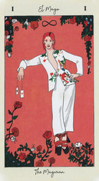 Illustration of a person in a white outfit with floral patterns on a red background, surrounded by roses and leaves.