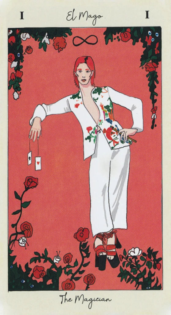 Illustration of a person in a white outfit with floral patterns on a red background, surrounded by roses and leaves.