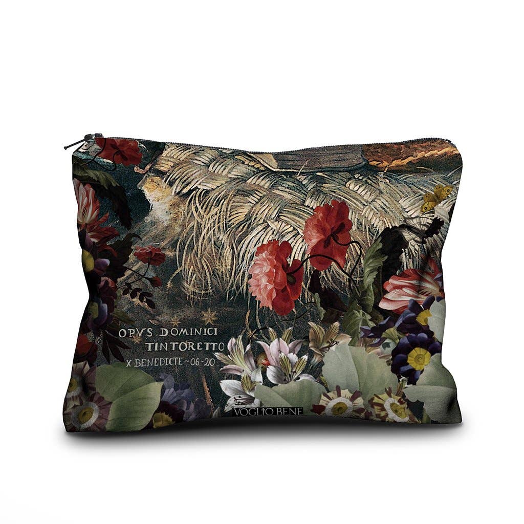 A rectangular zippered pouch featuring an intricate botanical and floral print with red poppies, green leaves, and gold palm fronds on a dark background. The text 'OPYS DOMINICI TINTORETTO' is printed on the front, along with 'ACCOPTO BENDI'.