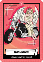 Card with an angel on a motorcycle against a pink background, featuring the text 'Angel Anarchy' and 'Move away from control'.