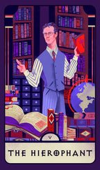 Tarot card featuring a figure in a library setting with books and a globe, titled 'The Hierophant'.