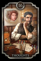 Illustration of a painter with art supplies and a portrait in a vintage setting, labeled 'Thoughts'.