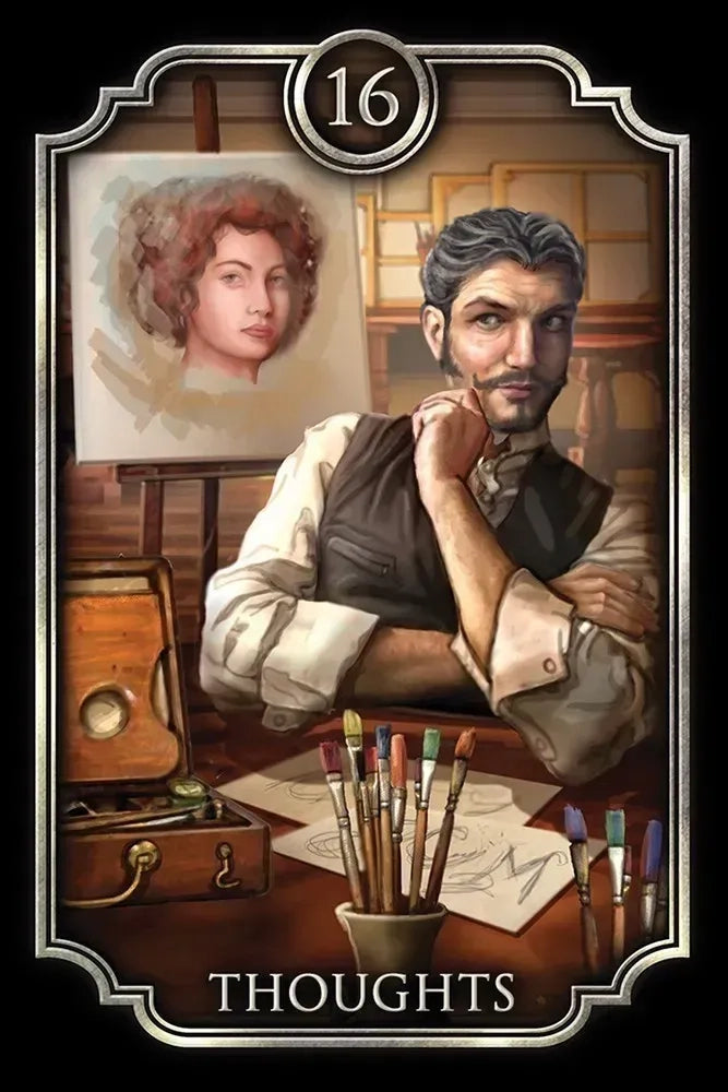 Illustration of a painter with art supplies and a portrait in a vintage setting, labeled 'Thoughts'.