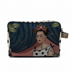 Pouch with a design of a famous artist with floral headpiece on a polka dot background