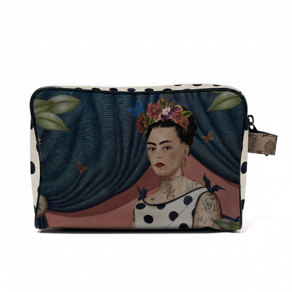 Pouch with a design of a famous artist with floral headpiece on a polka dot background