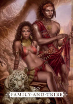 Illustration of a man and woman in ancient attire with a tiger, labeled 'Family and Tribe'.