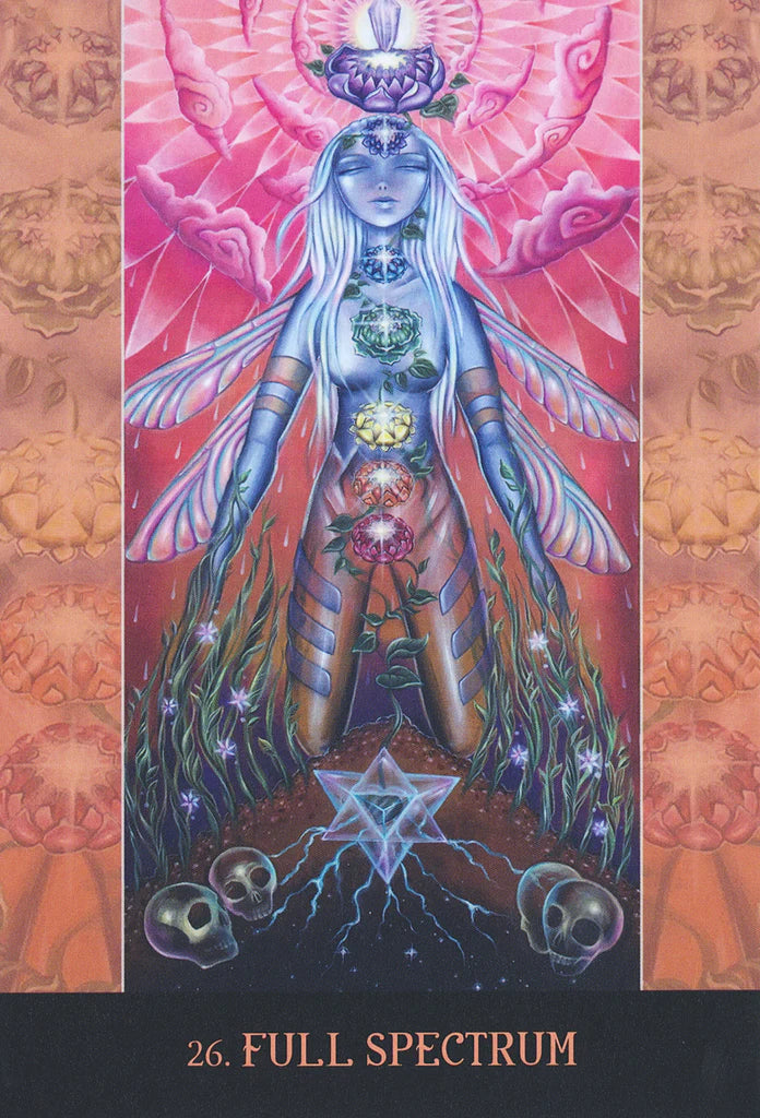 Artistic depiction of a winged figure with floral designs on a colorful background, labeled '26. Full Spectrum'.