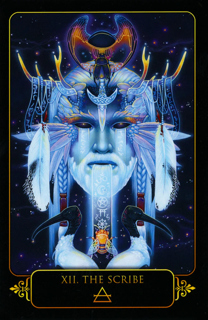 Tarot card featuring a figure with feathers and a headdress against a dark background