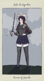 Illustration of a character in medieval armor holding a sword against a plain background
