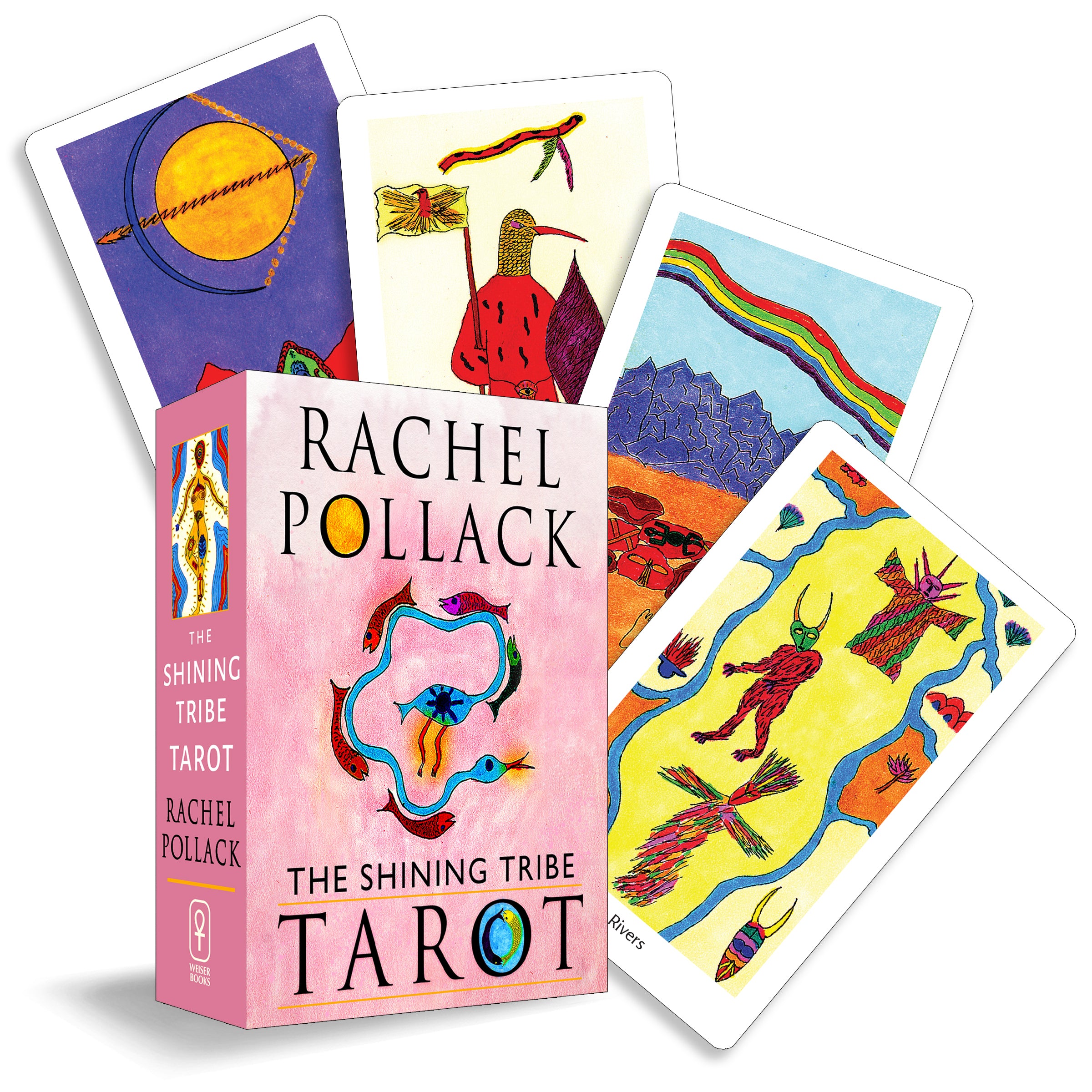 The Shining Tribe Tarot deck by Rachel Pollack, showing the pink card box in front of several illustrated tarot cards on a clean white background.