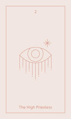Tarot card featuring an eye symbol with 'The High Priestess' text on a light pink background