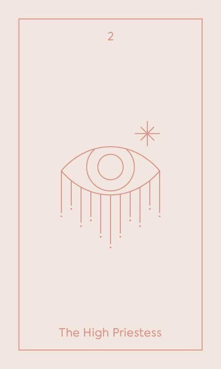 Tarot card featuring an eye symbol with 'The High Priestess' text on a light pink background