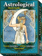 Box of Astrological Oracle Cards with a stylized illustration of a woman holding a moon, surrounded by stars.