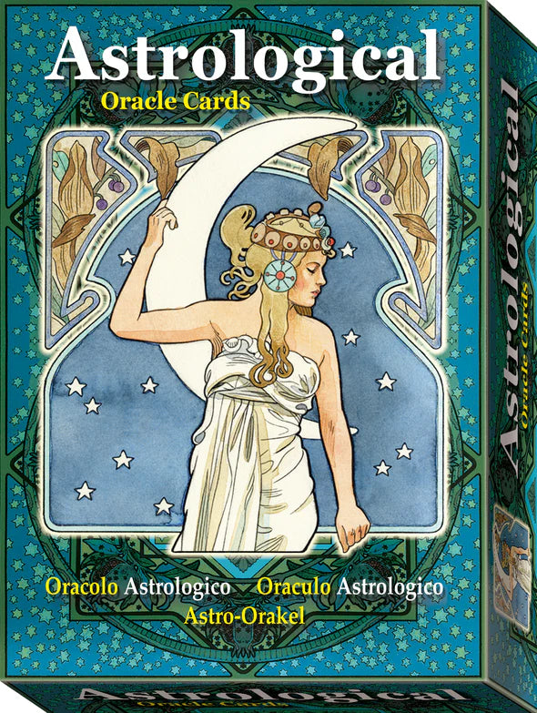 Box of Astrological Oracle Cards with a stylized illustration of a woman holding a moon, surrounded by stars.