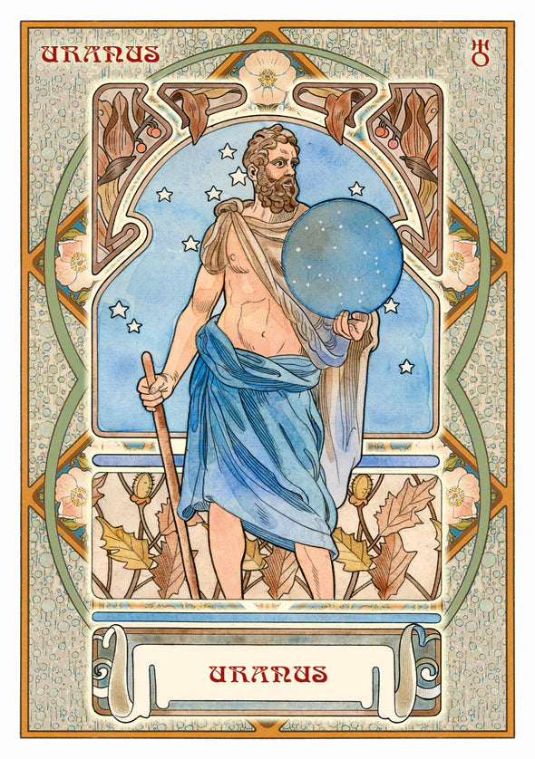 Illustration of Uranus, a classical figure holding a globe, framed with decorative elements.