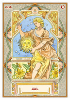 Decorative card featuring a woman holding a sun symbol, surrounded by floral elements and intricate border.