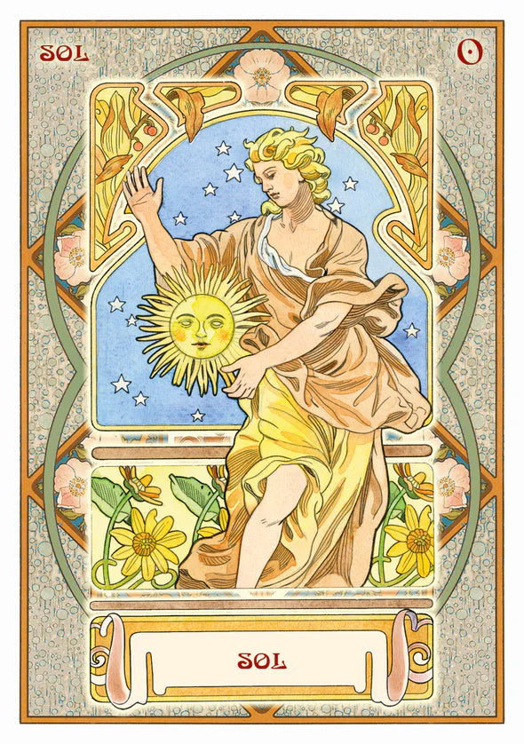 Decorative card featuring a woman holding a sun symbol, surrounded by floral elements and intricate border.