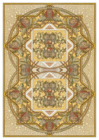 Decorative rug with intricate patterns and colors on a beige background