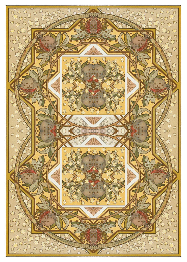 Decorative rug with intricate patterns and colors on a beige background