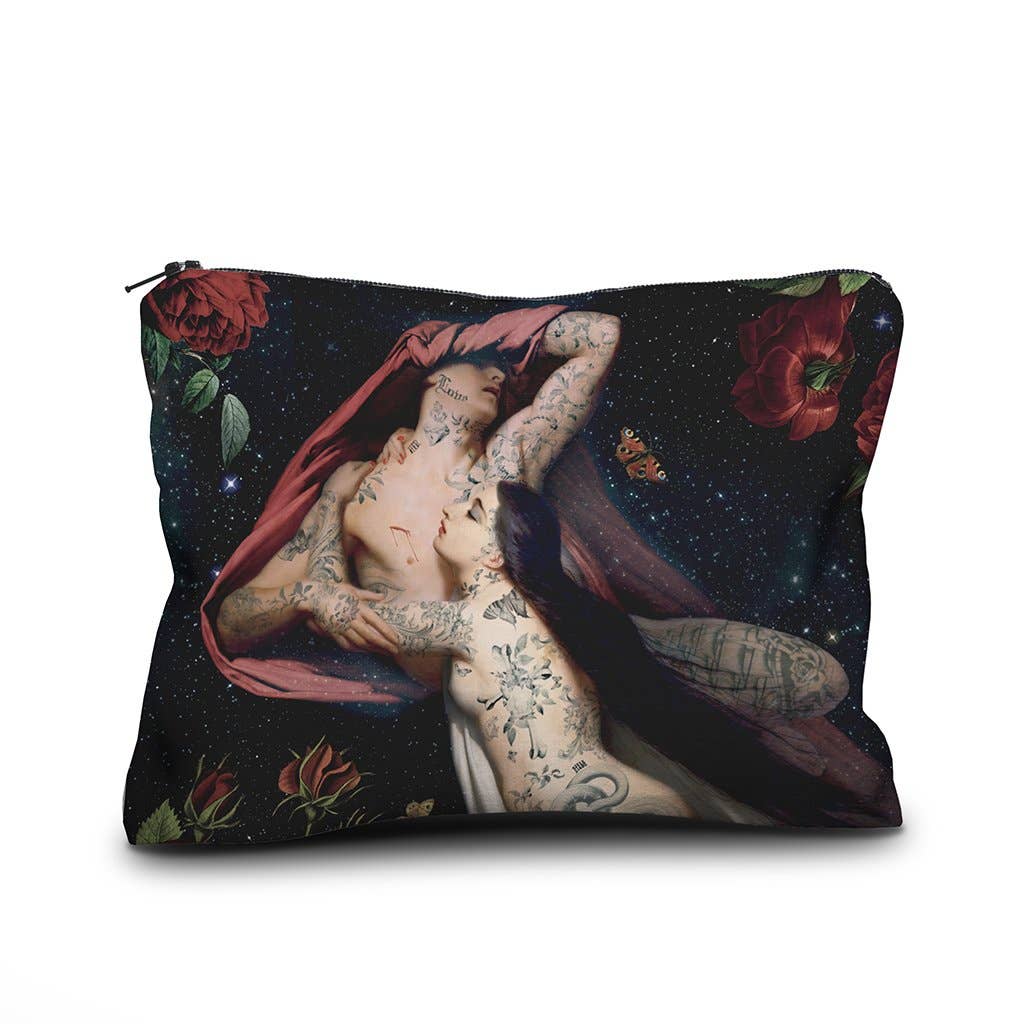A rectangular zippered pouch featuring a detailed fantasy art print of a tattooed nude woman under a red cloak against a starry night sky with red roses, shown on a plain white background.