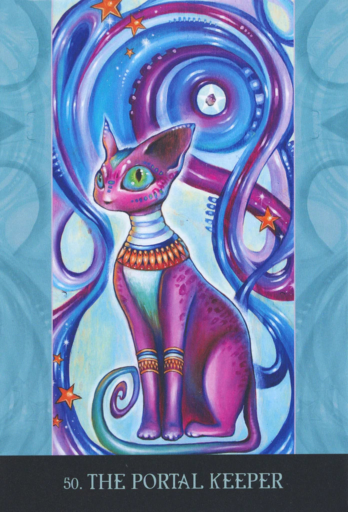 Colorful illustration of a cat-like creature with swirling patterns and stars on a blue background.