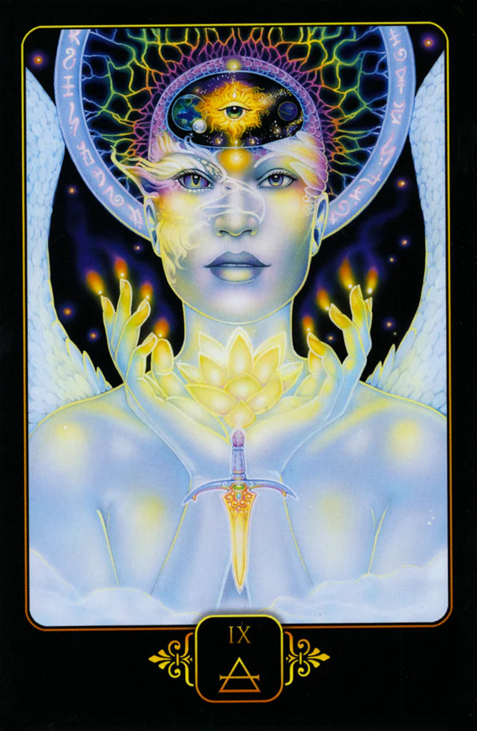 Artistic depiction of a figure with spiritual or mystical elements, featuring a central symbol.
