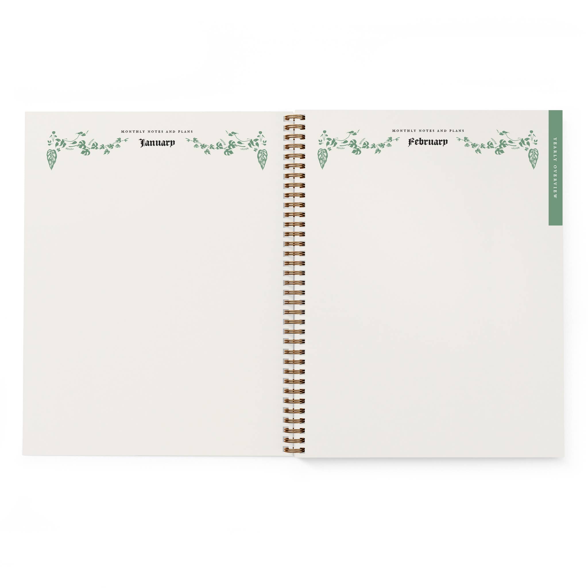 Open spiral-bound gardening planner showing January and February pages with decorative elements.