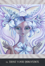 Artistic depiction of a woman with white hair and blue eyes, holding flowers, with text 'Trust Your Innocence' at the bottom.