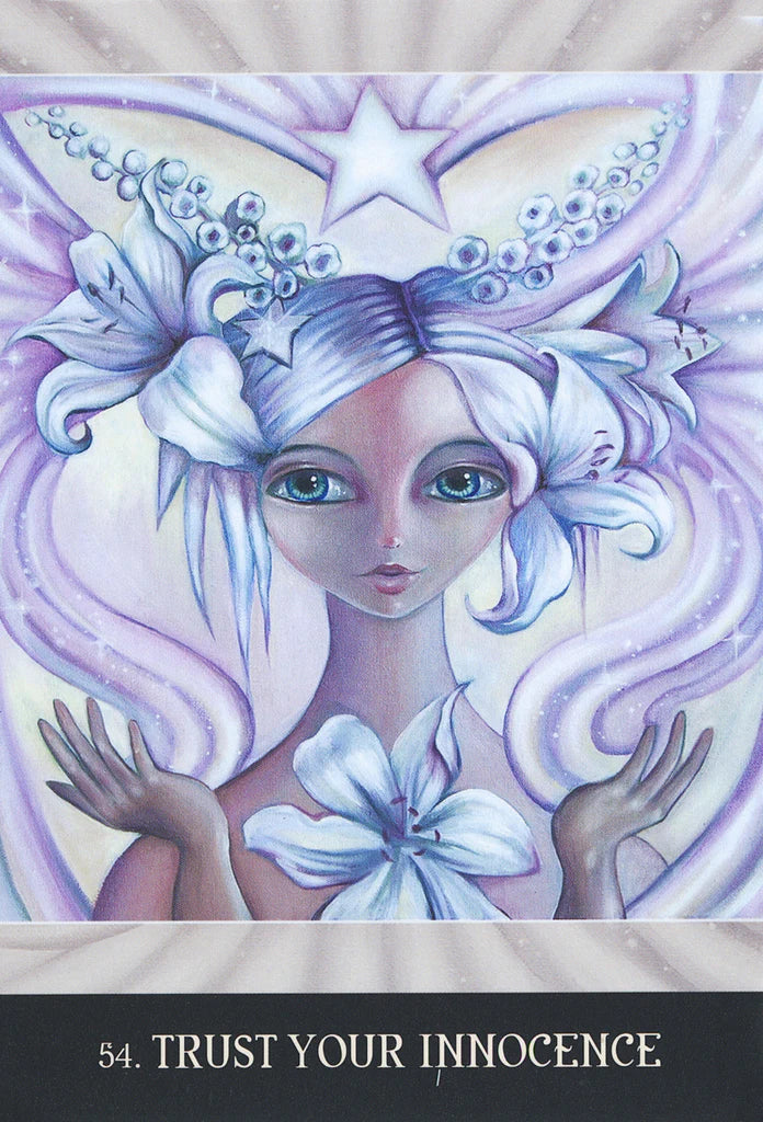 Artistic depiction of a woman with white hair and blue eyes, holding flowers, with text 'Trust Your Innocence' at the bottom.