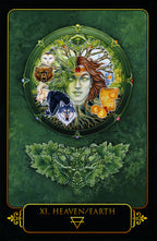 Tarot card with a central figure surrounded by animals on a green background