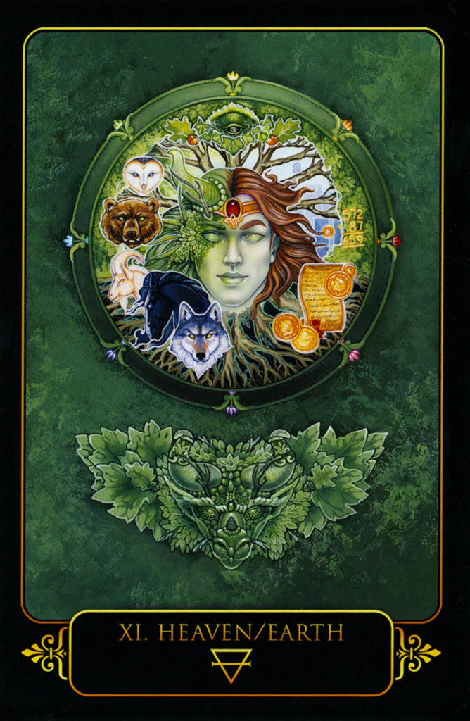 Tarot card with a central figure surrounded by animals on a green background