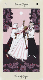 Tarot card featuring a couple in traditional attire with a pink background and floral elements.