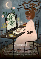 Illustration of a woman writing at a desk with a cat, surrounded by nature elements.