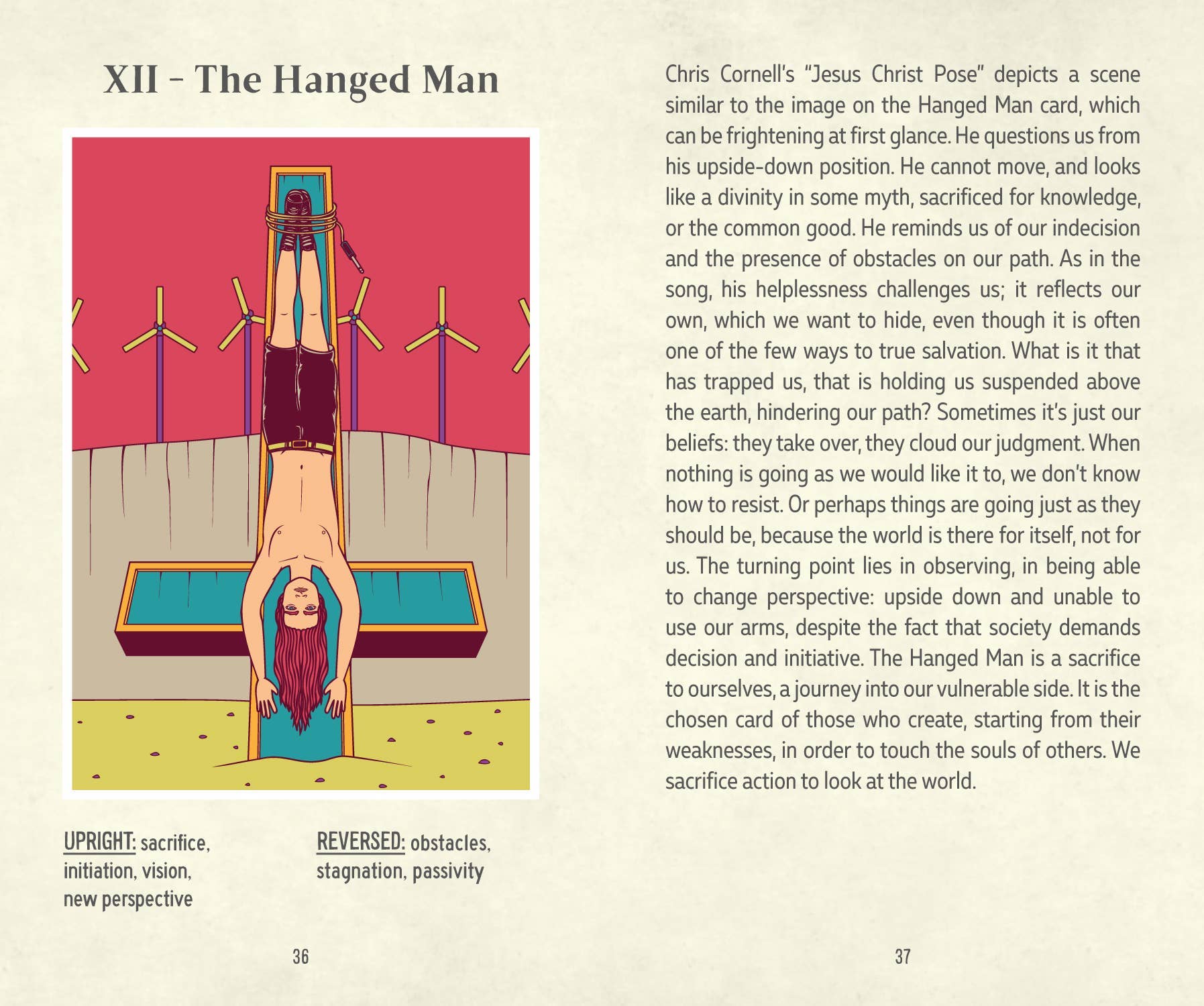 Illustration of 'The Hanged Man' card from a tarot deck with text explaining its meaning.