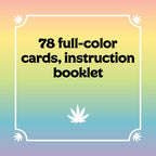Promotional graphic for 78 full-color cards and an instruction booklet with a cannabis leaf on a gradient background.
