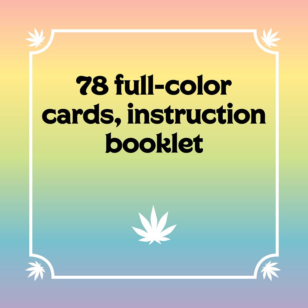 Promotional graphic for 78 full-color cards and an instruction booklet with a cannabis leaf on a gradient background.