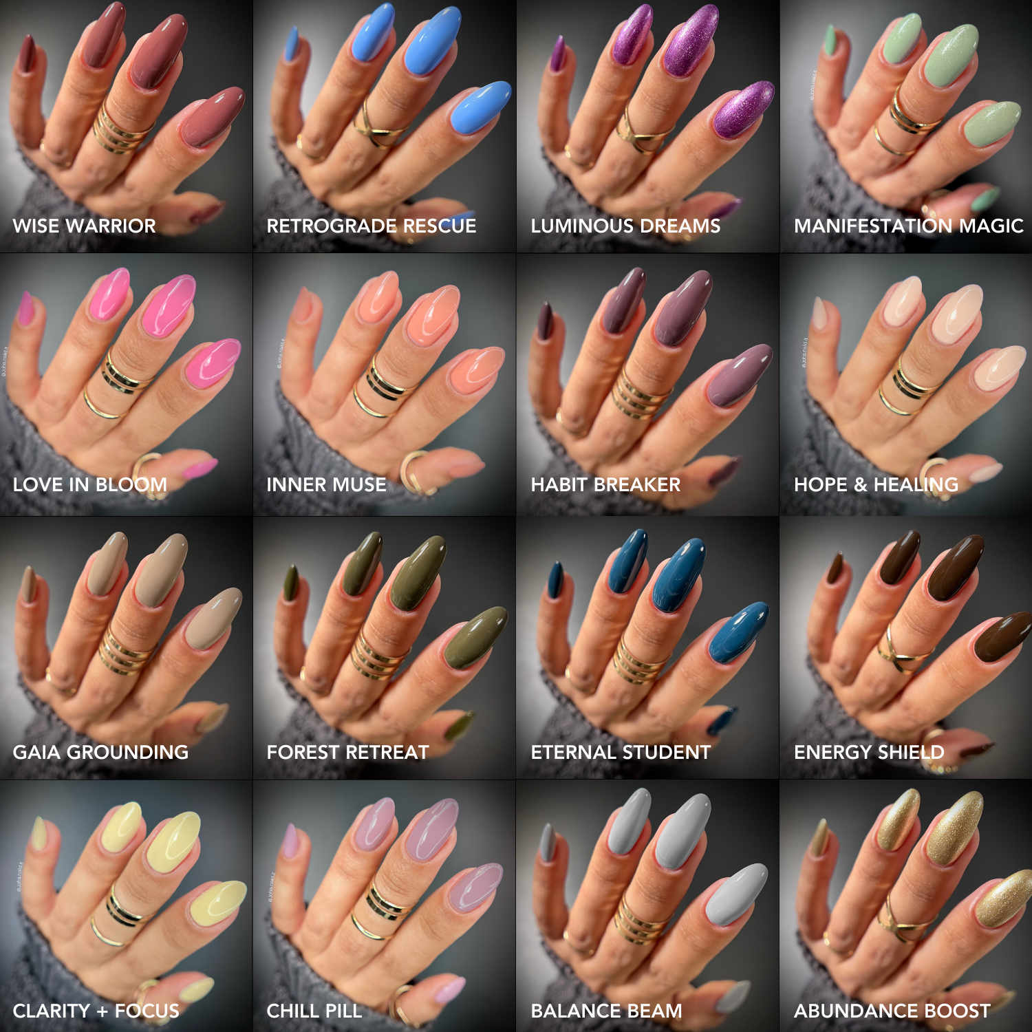 Grid of hands with various nail color combinations and corresponding names on a dark background