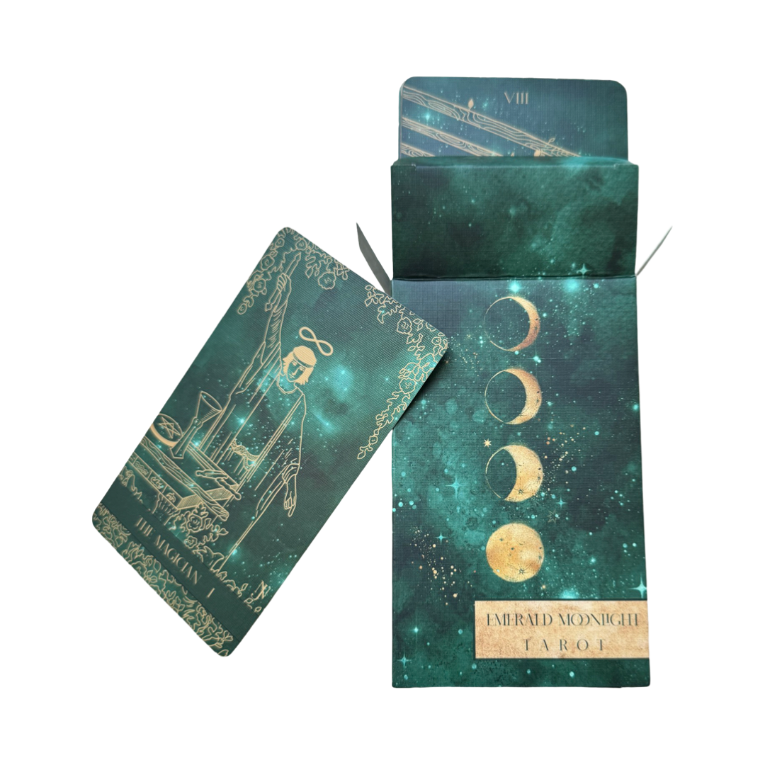 Tarot card set with green and gold design on a white background