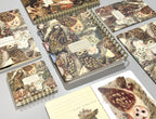 Collection of notebooks with owl illustrations on a gray surface