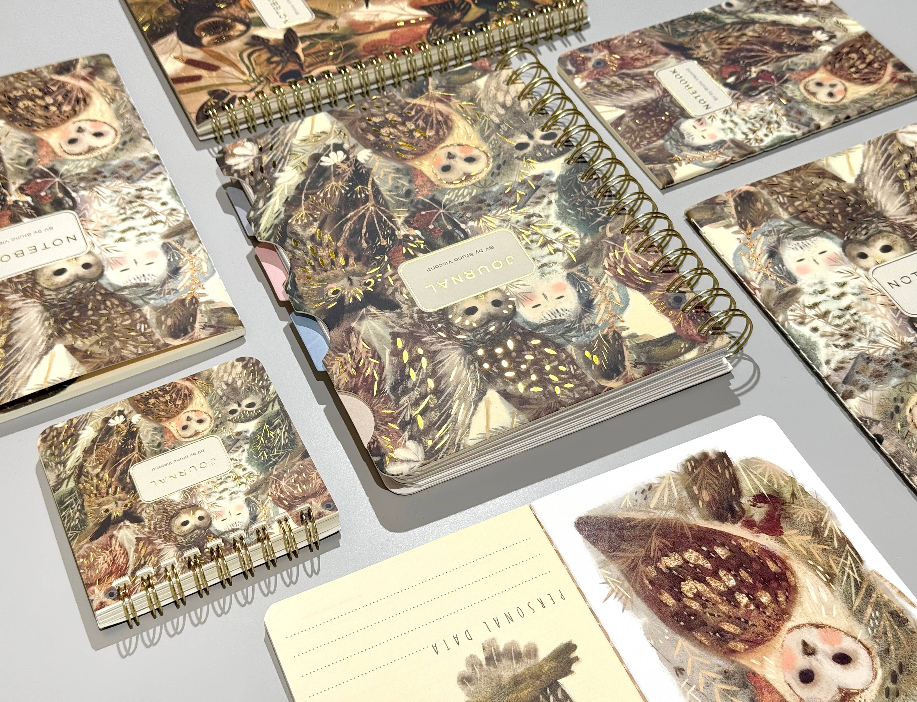 Collection of notebooks with owl illustrations on a gray surface