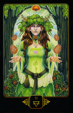 Tarot card featuring a figure in green attire with nature elements